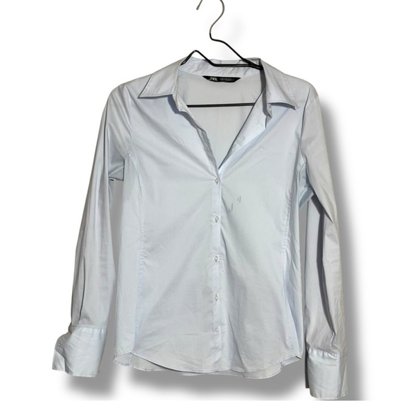 Zara Light Baby Blue Lightweight Long Sleeve Fitted Button Down Shirt - Picture 13 of 15